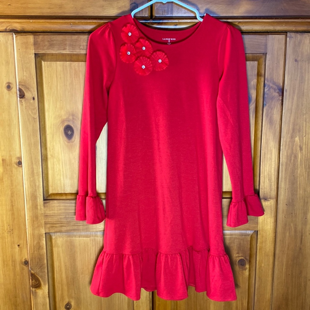 Lands’ End Girls Red Holiday Christmas Long Sleeve Dress
